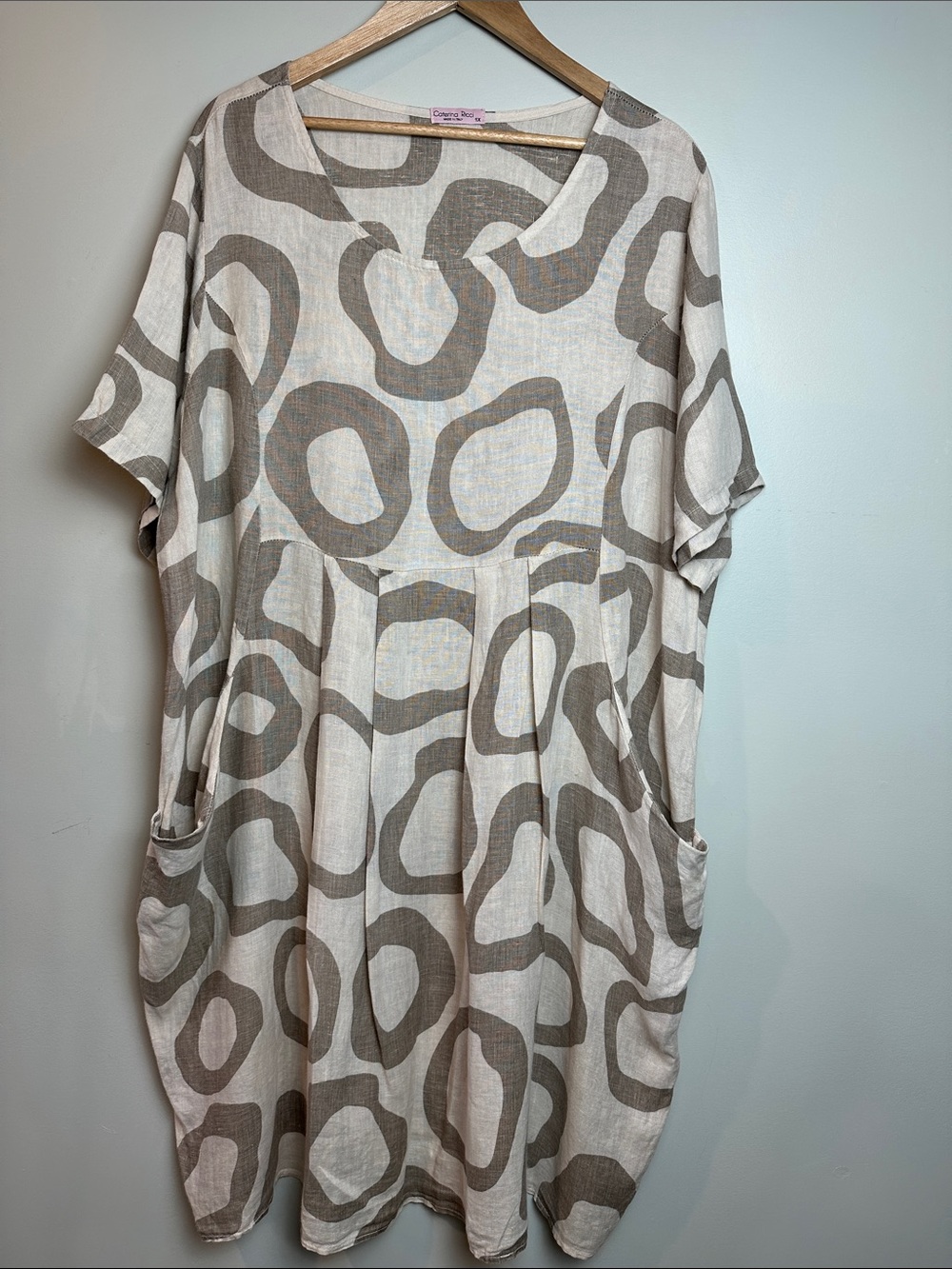 Caterina Ricci Linen 100% Neutral Patterned dress short sleeved pockets Italy